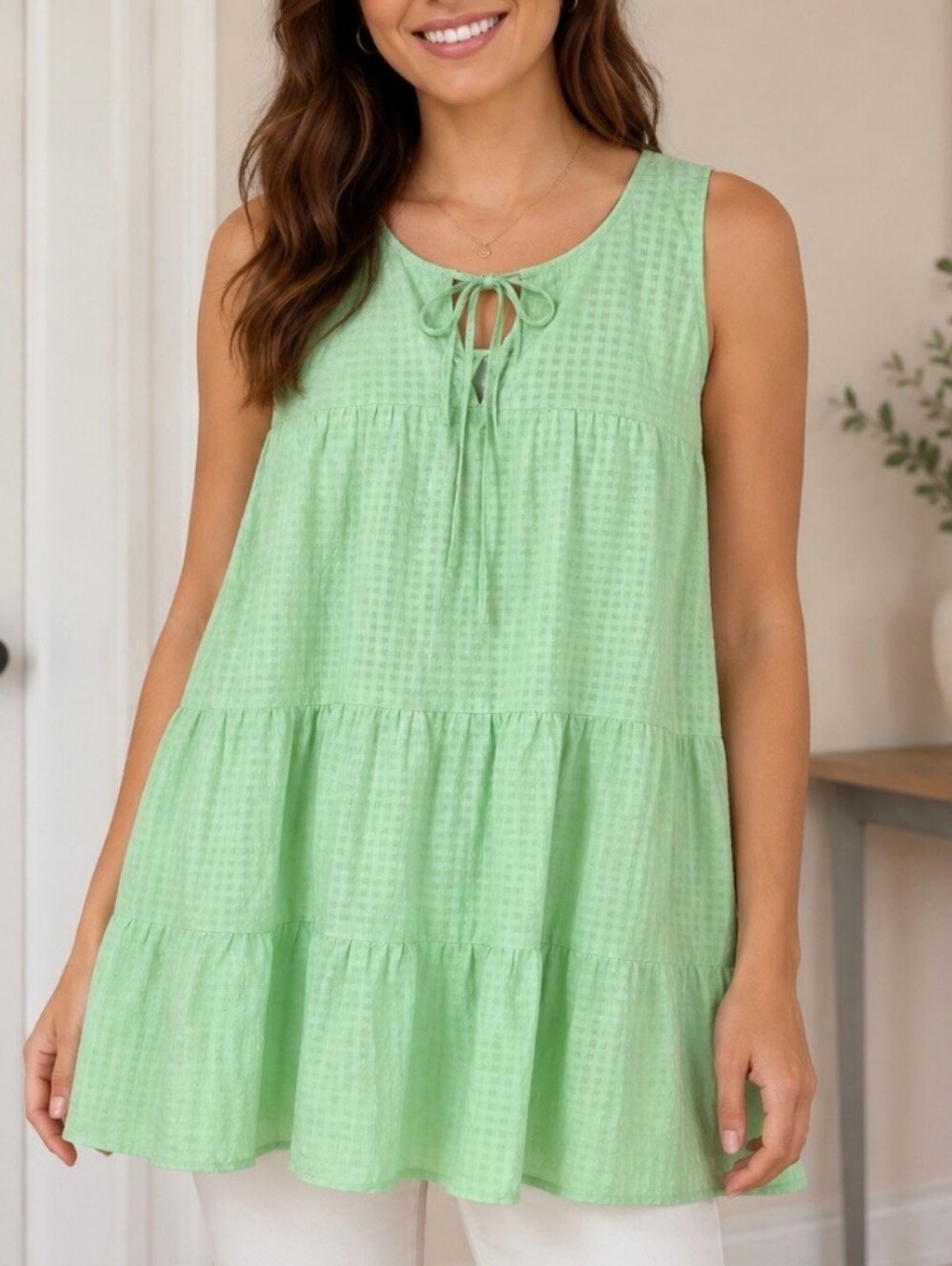 Topshop Tiered Sleeveless Top Bright Green Gingham Womens Shirt Size 8